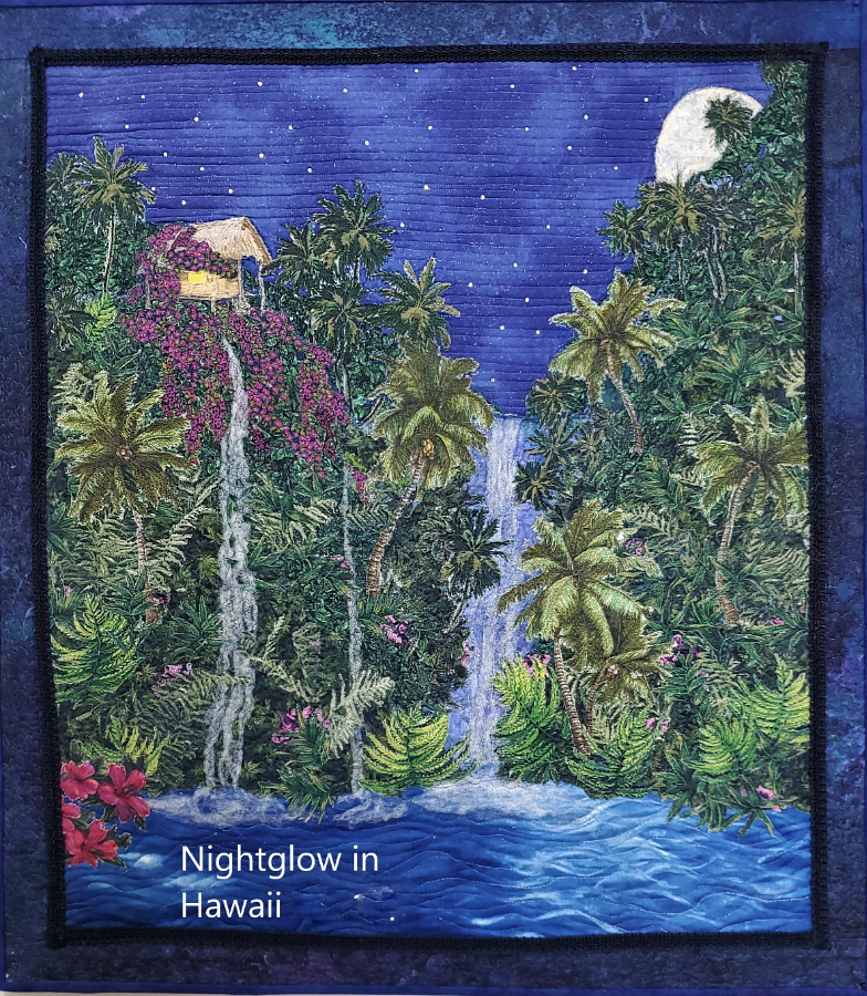 art quilt of a Hawaiian landscape at night