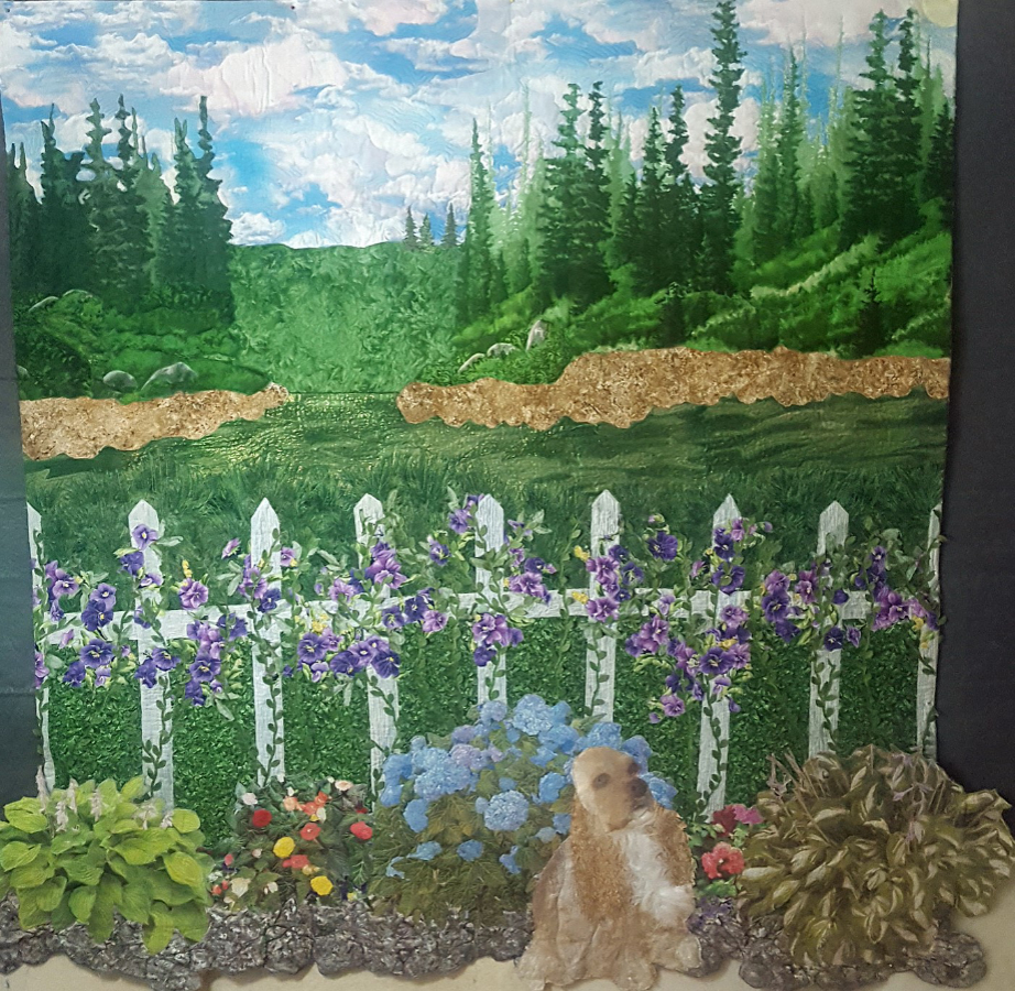 landscape quilt with pets by Joyce Becker